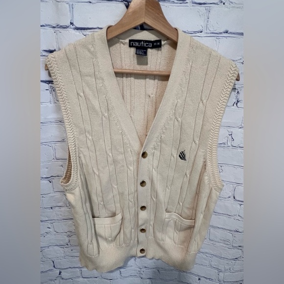 Vintage Nautica Men's Cotton Cable Knit Cardigan Sweater Vest Beige medium - Picture 3 of 6
